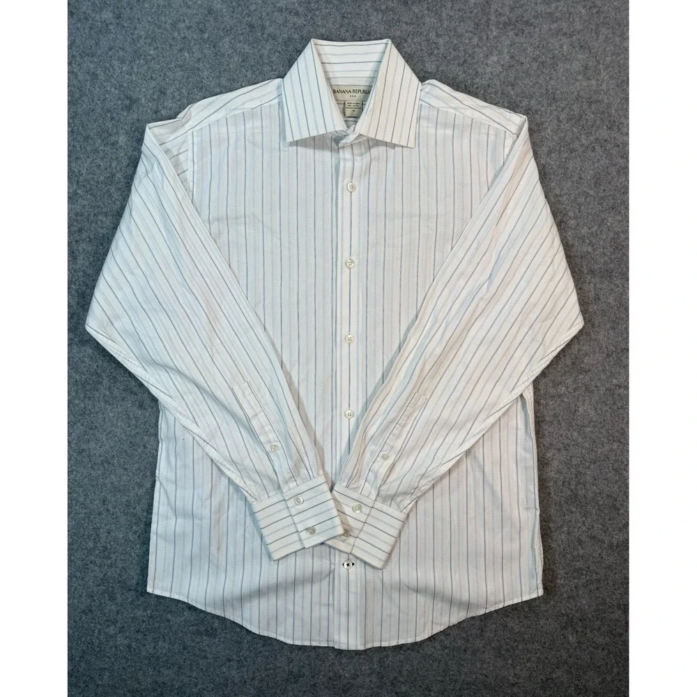 Banana‎ Republic Mens Medium White Blue Striped Cotton Long Sleeve Button Down